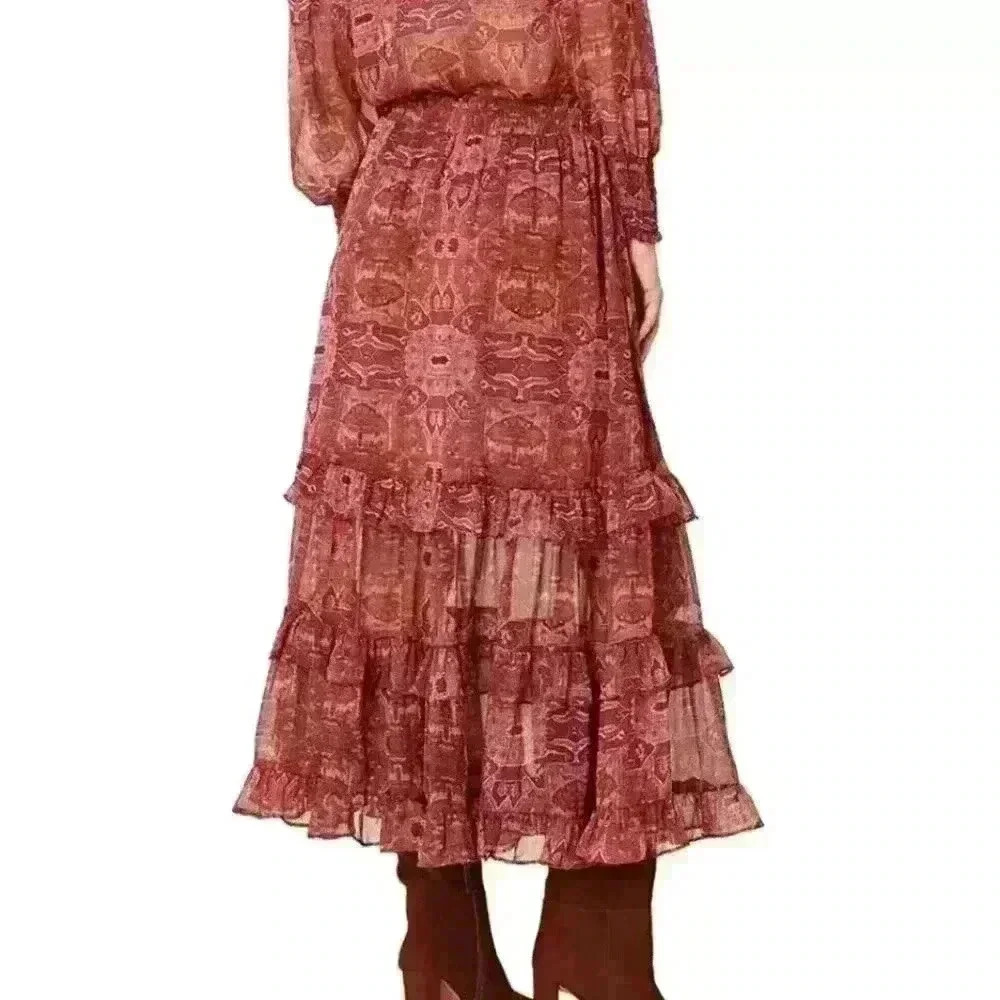 NWT Misa Emanuela Septima Tapestry Burgundy purple Ruffle Maxi Skirt Size XS